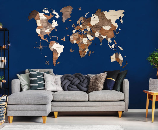 3D Wooden World Map in Multicolor in a Living Room