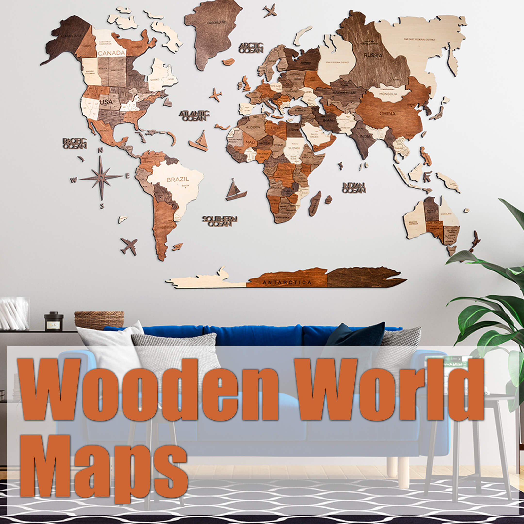 Wooden World Map  Burnt Laser-Cut Wall Map