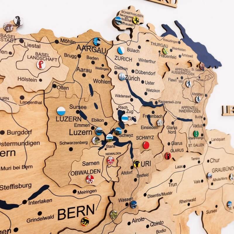 3D Wooden Map - Switzerland- Gold