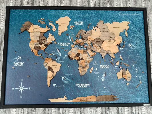3D Wooden World Map - Framed
