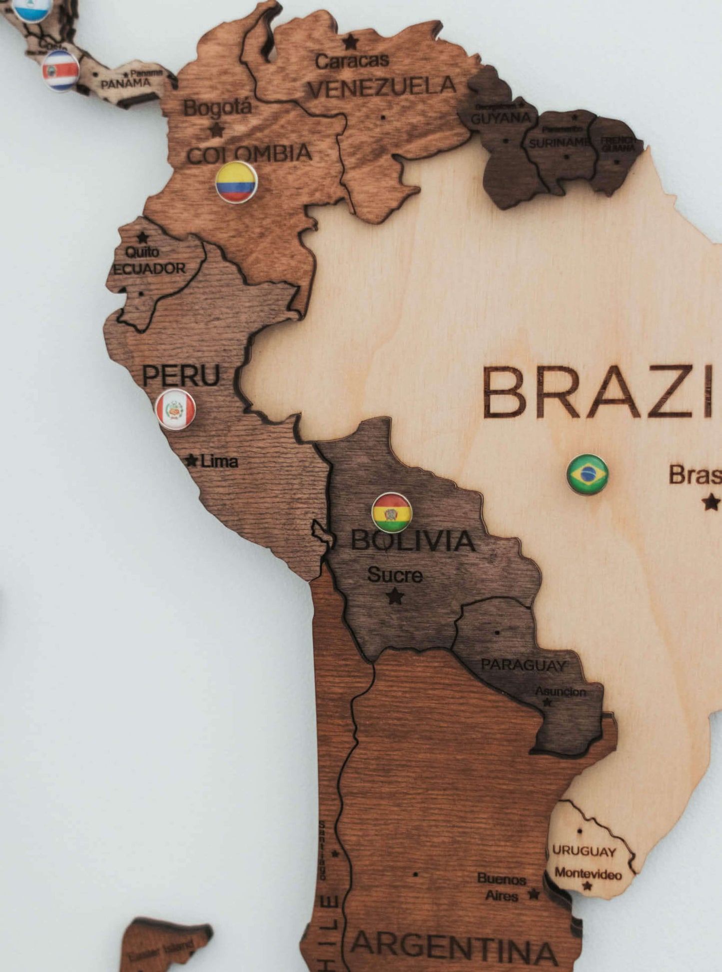 3D Wooden World Map in Multicolor South America Closeup
