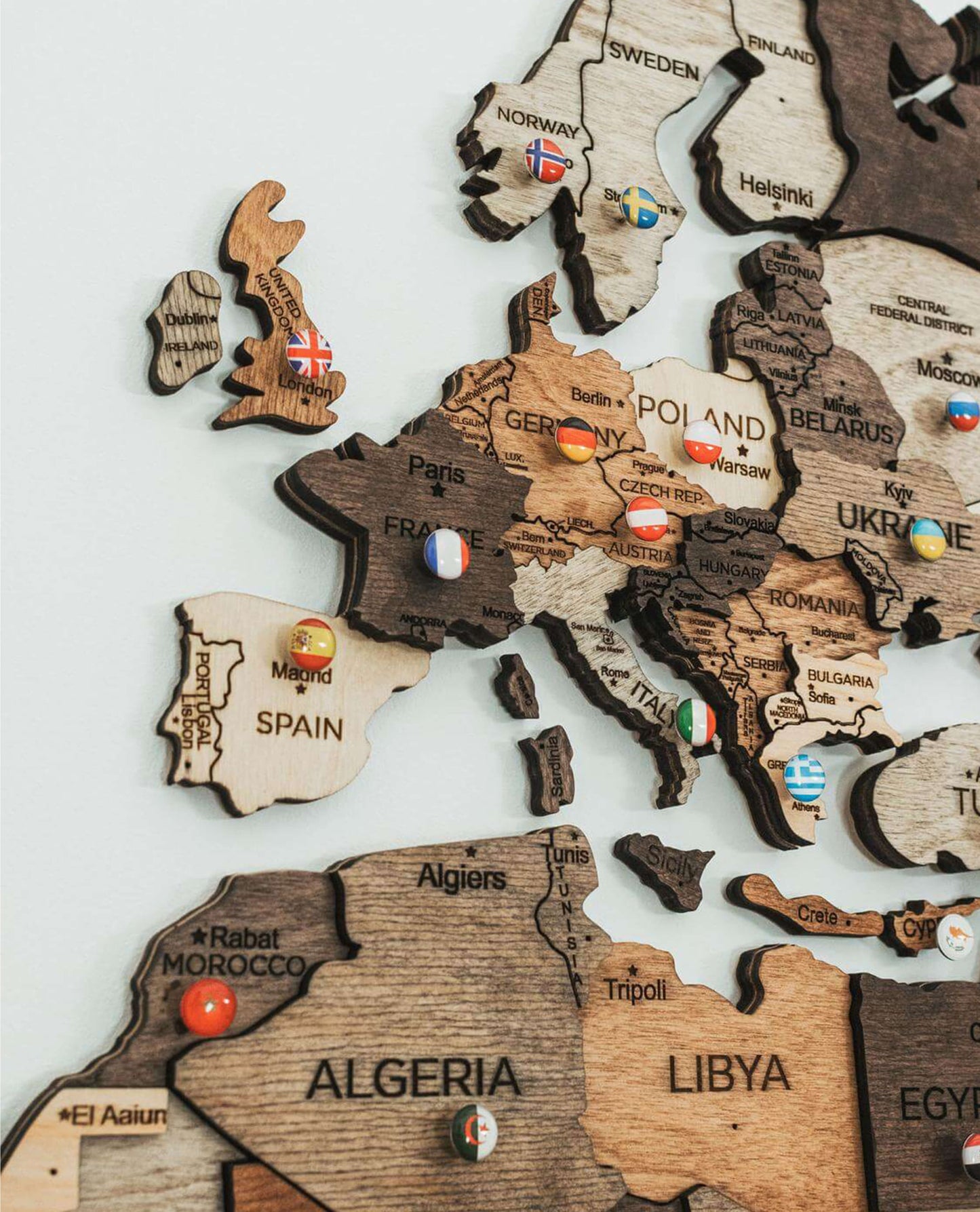 3D Wooden World Map in Multicolor Europe Closeup