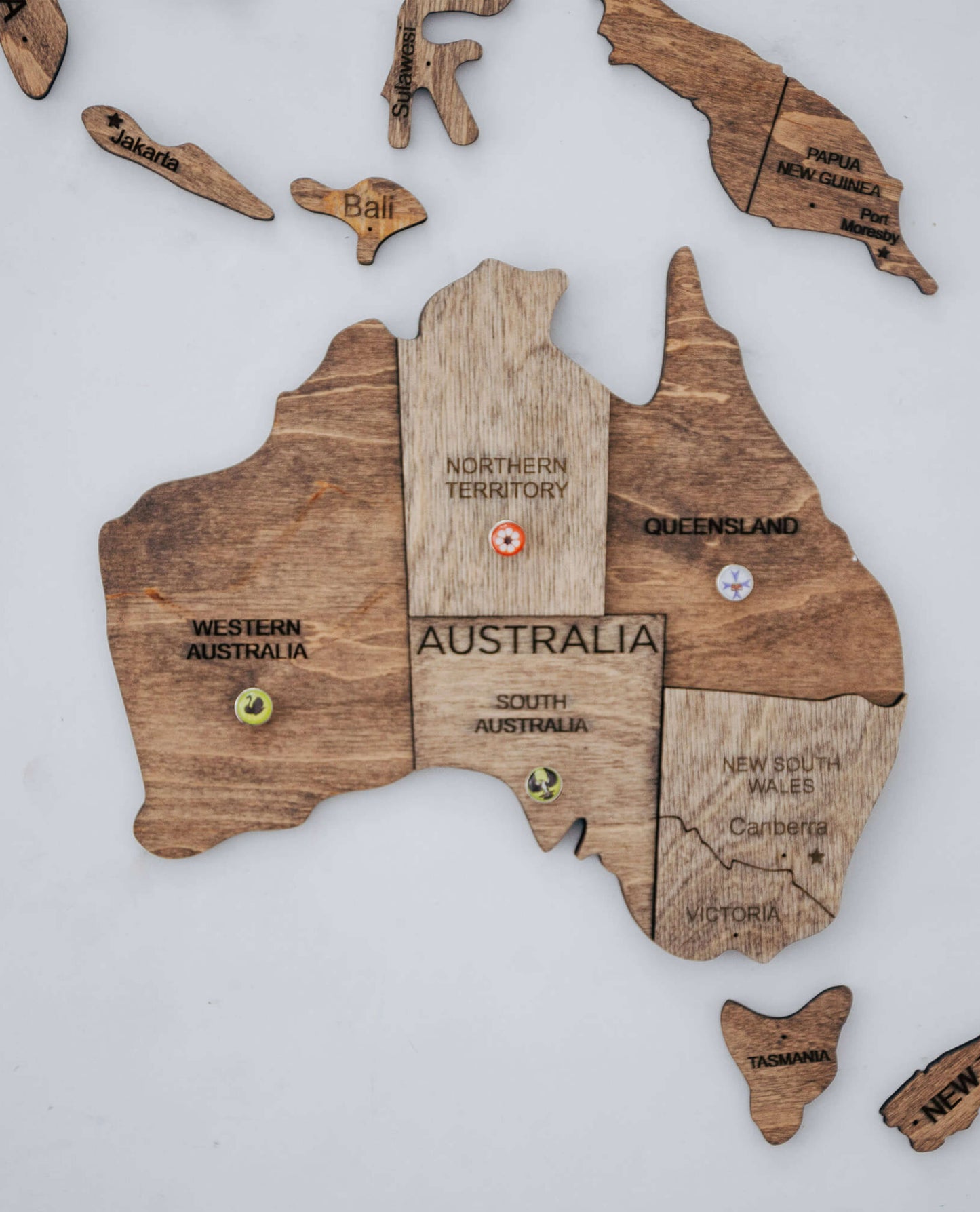 3D Wooden World Map in Terra Color Australia Closeup