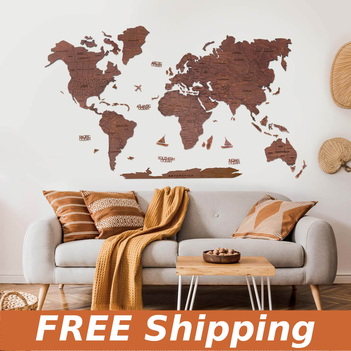 Wooden World Map Oak in a Living Room