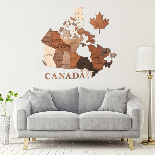 3D Wooden Map of Canada in Multicolor in a Living Room