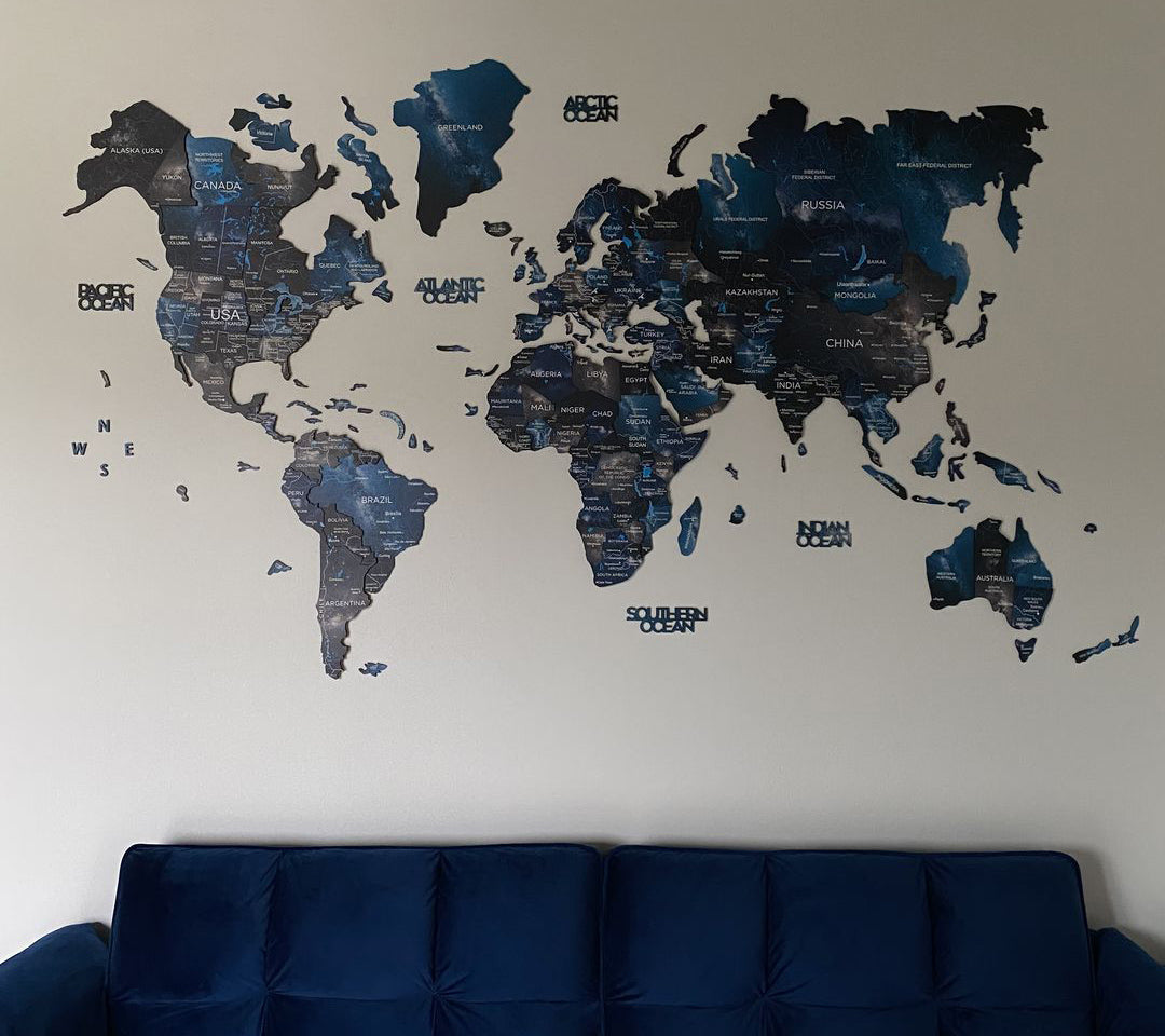 3D Wooden World Map in Sapce Color in a Living Room