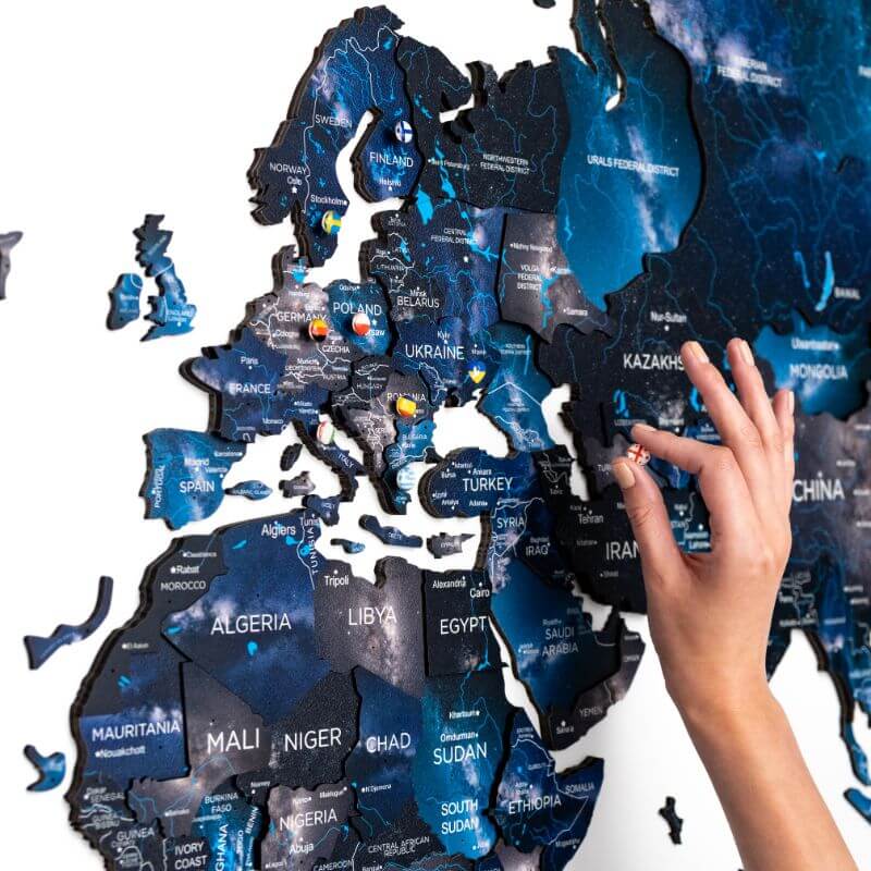 3D Wooden World Map in Sapce Color Closeup