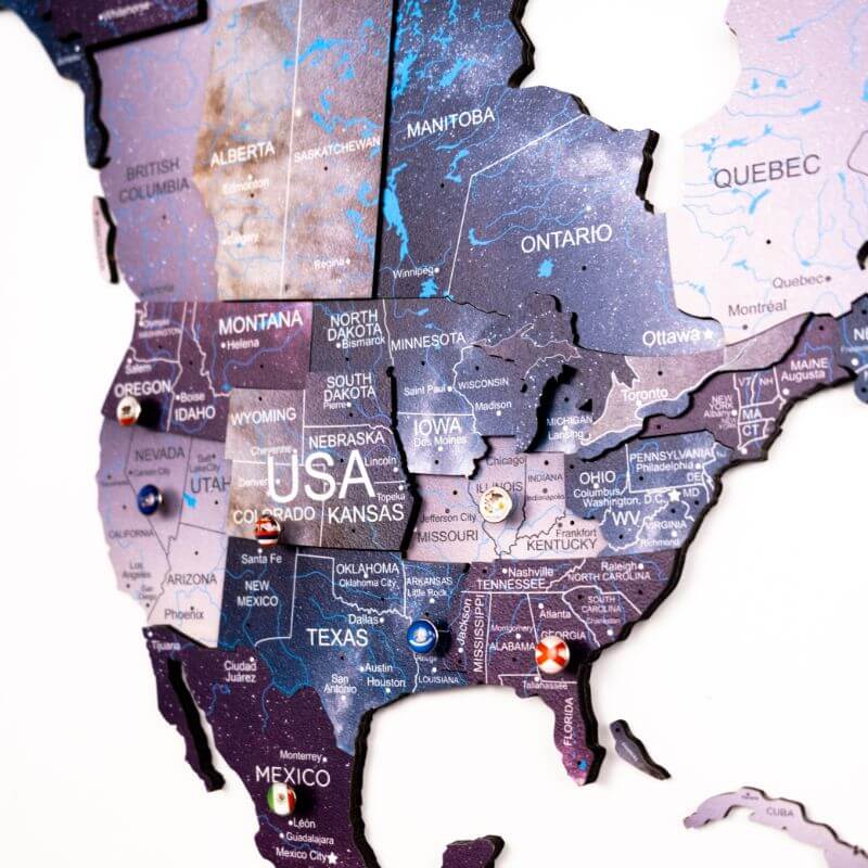 3D Wooden World Map in Sirius Color Closeup