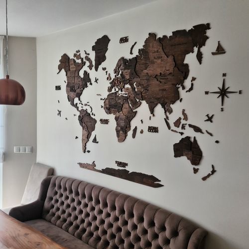3D Wooden World Map in Dark Walnut Color in a Dining Room