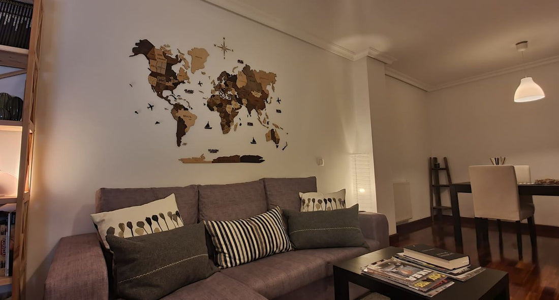 3D Wooden World Map in Multicolor in a Cozy Living Room