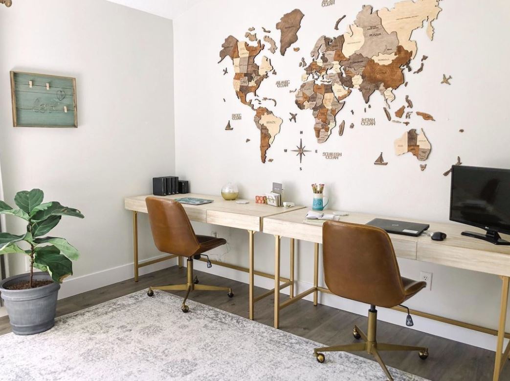 3D Wooden World Map in Multicolor in a Home Office