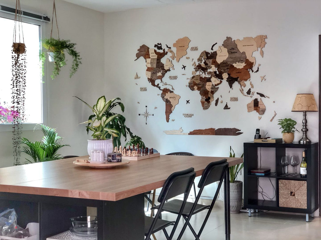 3D Wooden World Map in Multicolor in a Dining Room Area