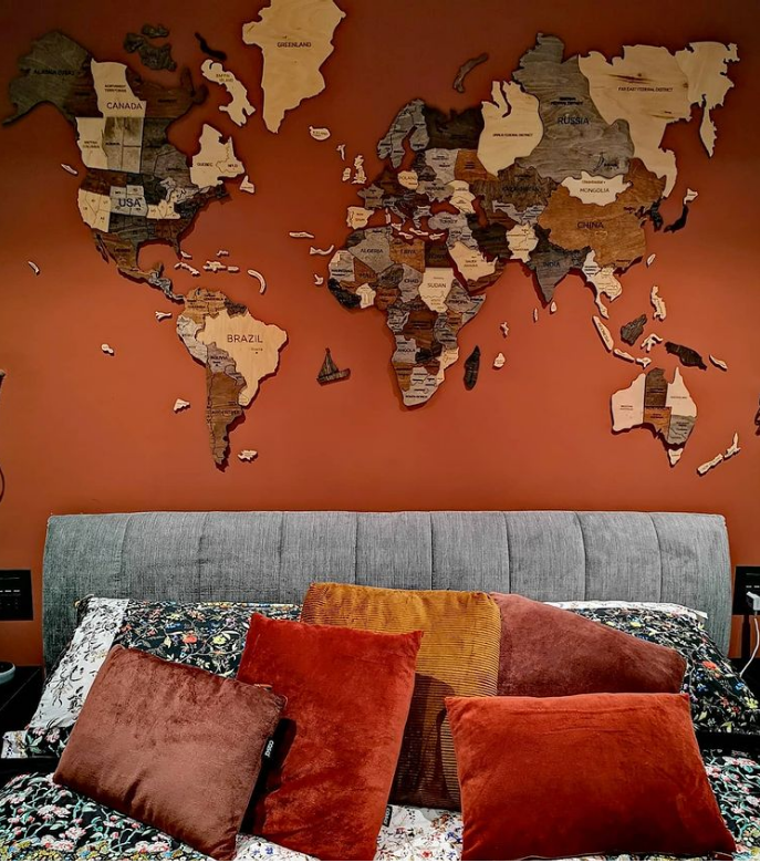 3D Wooden World Map in Multicolor in a Bedroom