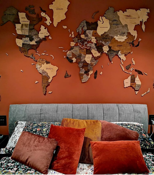 3D Wooden World Map in Multicolor in a Bedroom