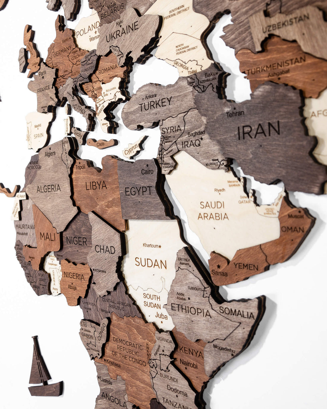 3D Wooden World Map in Multicolor Closeup