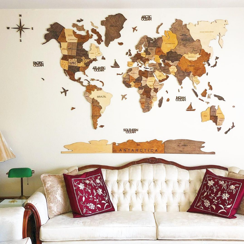 3D Wooden World Map in Multicolor in a Classy Living Room