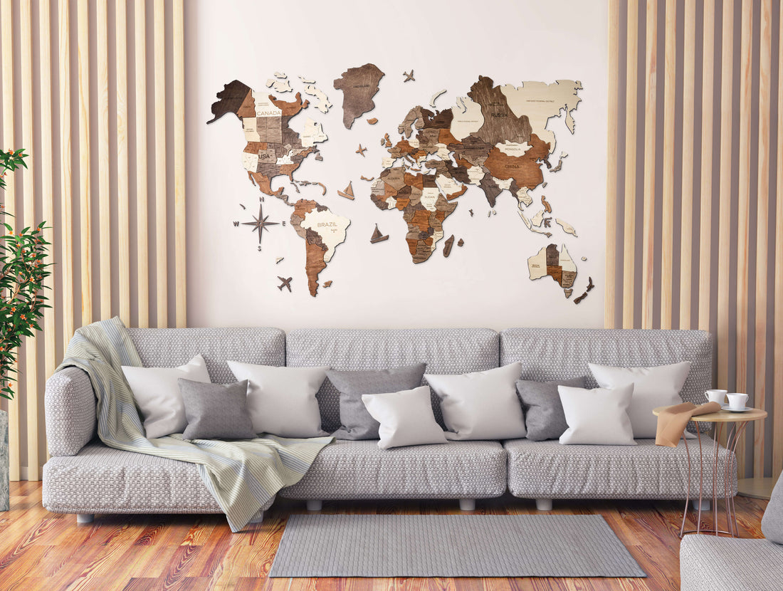3D Wooden World Map in Multicolor in a Bright Living Room