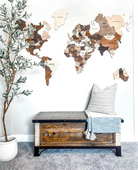 3D Wooden World Map in Multicolor in an Entryway