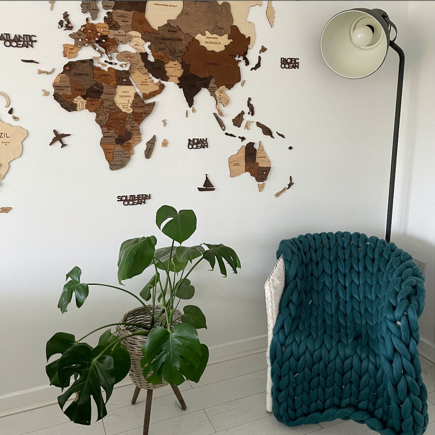 3D Wooden World Map in Multicolor in a Cozy Corner