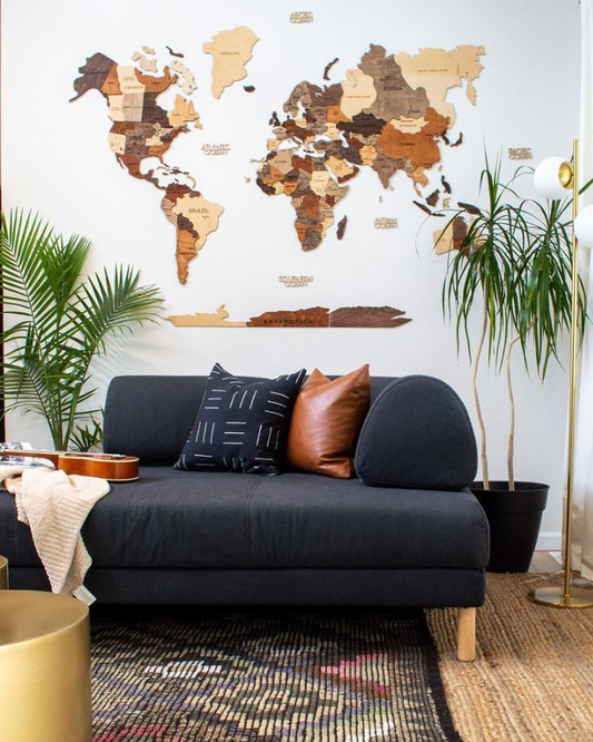 3D Wooden World Map in Multicolor in a Stylish Living Room