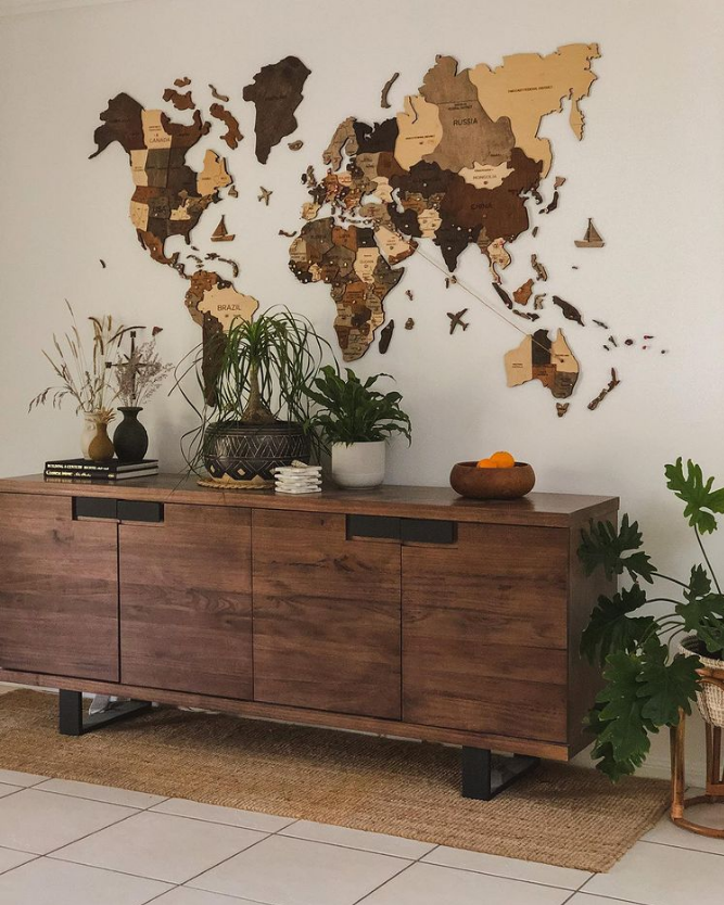 3D Wooden World Map in Multicolor in a Hallway