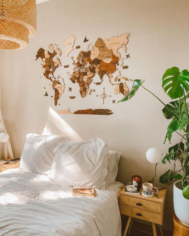 3D Wooden World Map in Multicolor in a Natural Bedroom