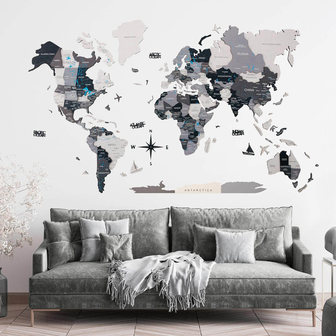 3D Wooden World Map in Nordik in a Living Room