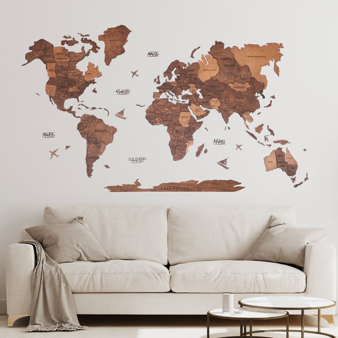 3D Wooden World Map in Oak Color in a Living Room