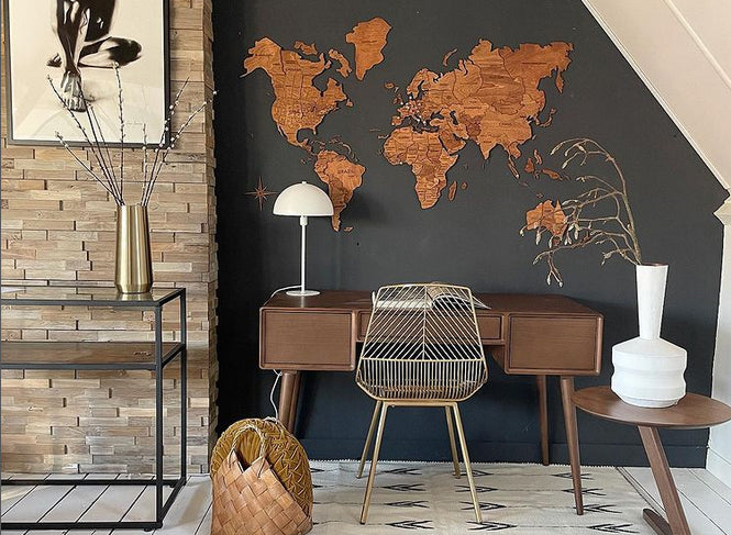 3D Wooden World Map in Oak Color in a Home Office