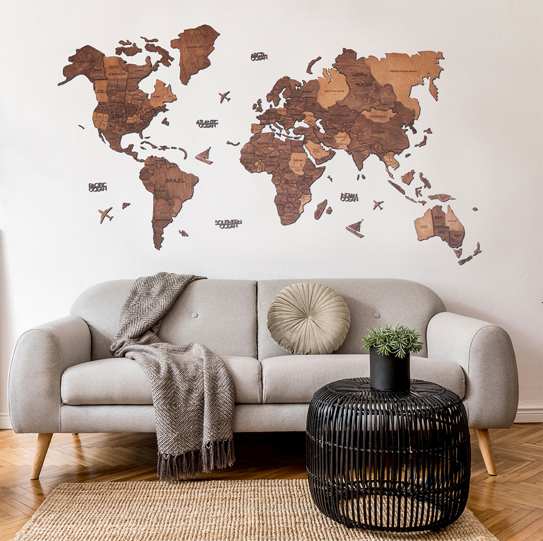 3D Wooden World Map in Oak Color Over a Couch