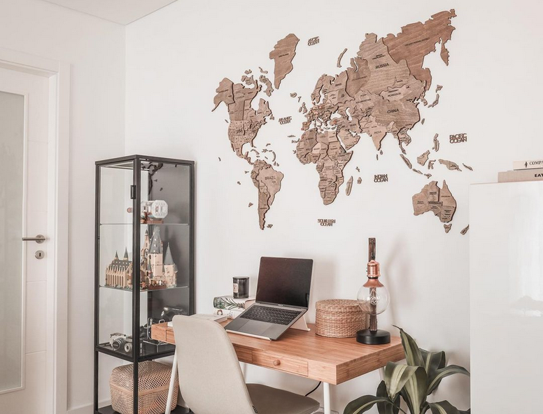 3D Wooden World Map in Terra Color in a Home Office