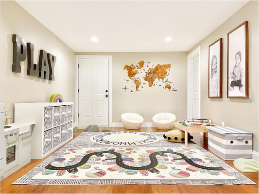 3D Wooden World Map in Terra Color in a Kids Room