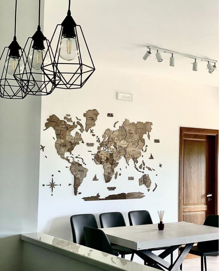 3D Wooden World Map in Terra Color in a Dining Room