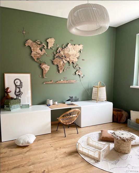 3D Wooden World Map in Terra Color on a Green Wall