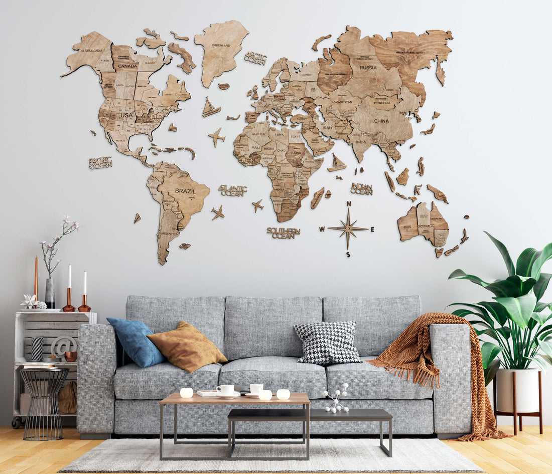 3D Wooden World Map in Terra Color in a Living Room