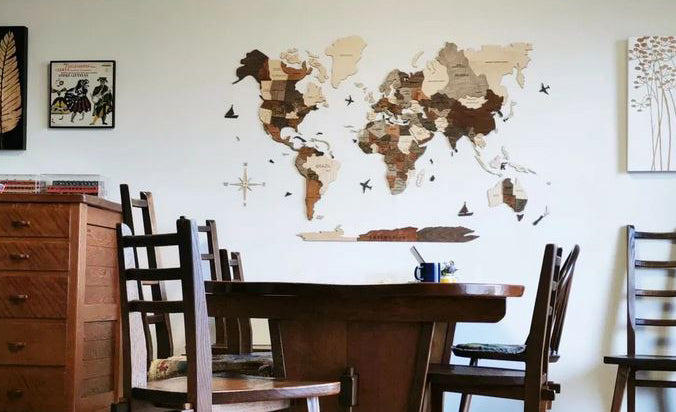 3D Wooden World Map in Multicolor in a Dining Room