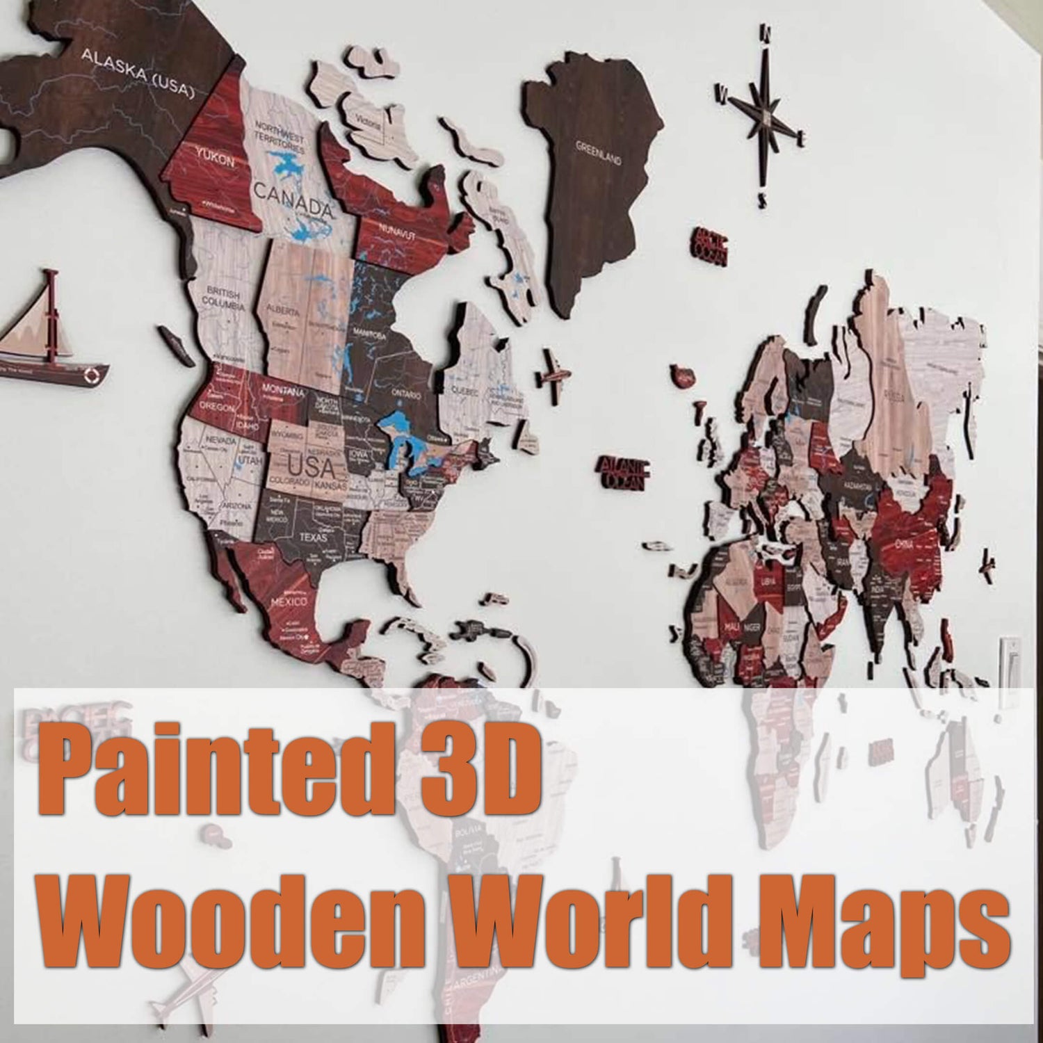 Painted 3D Wooden World Map