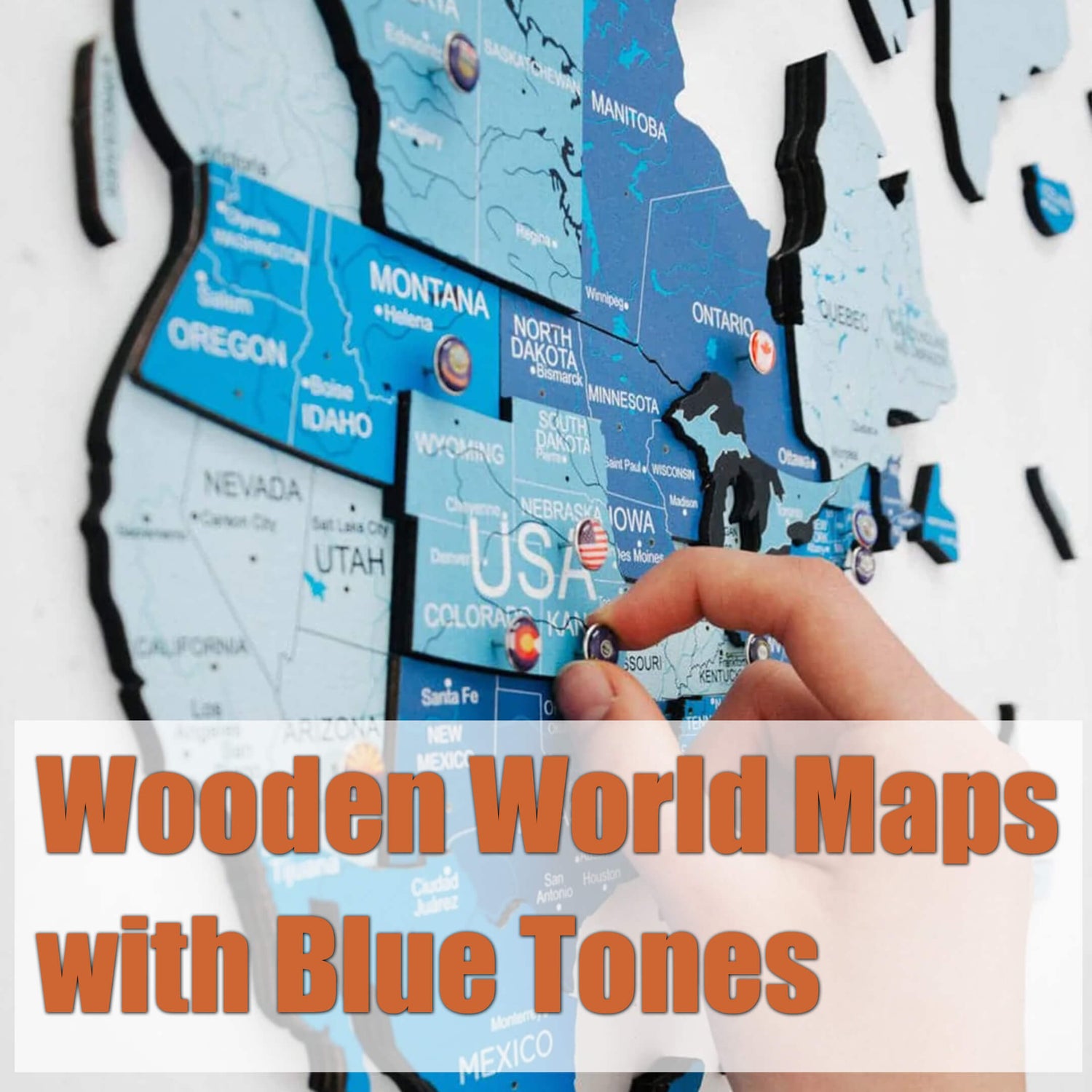 3D Wooden World Map with Blue Tones