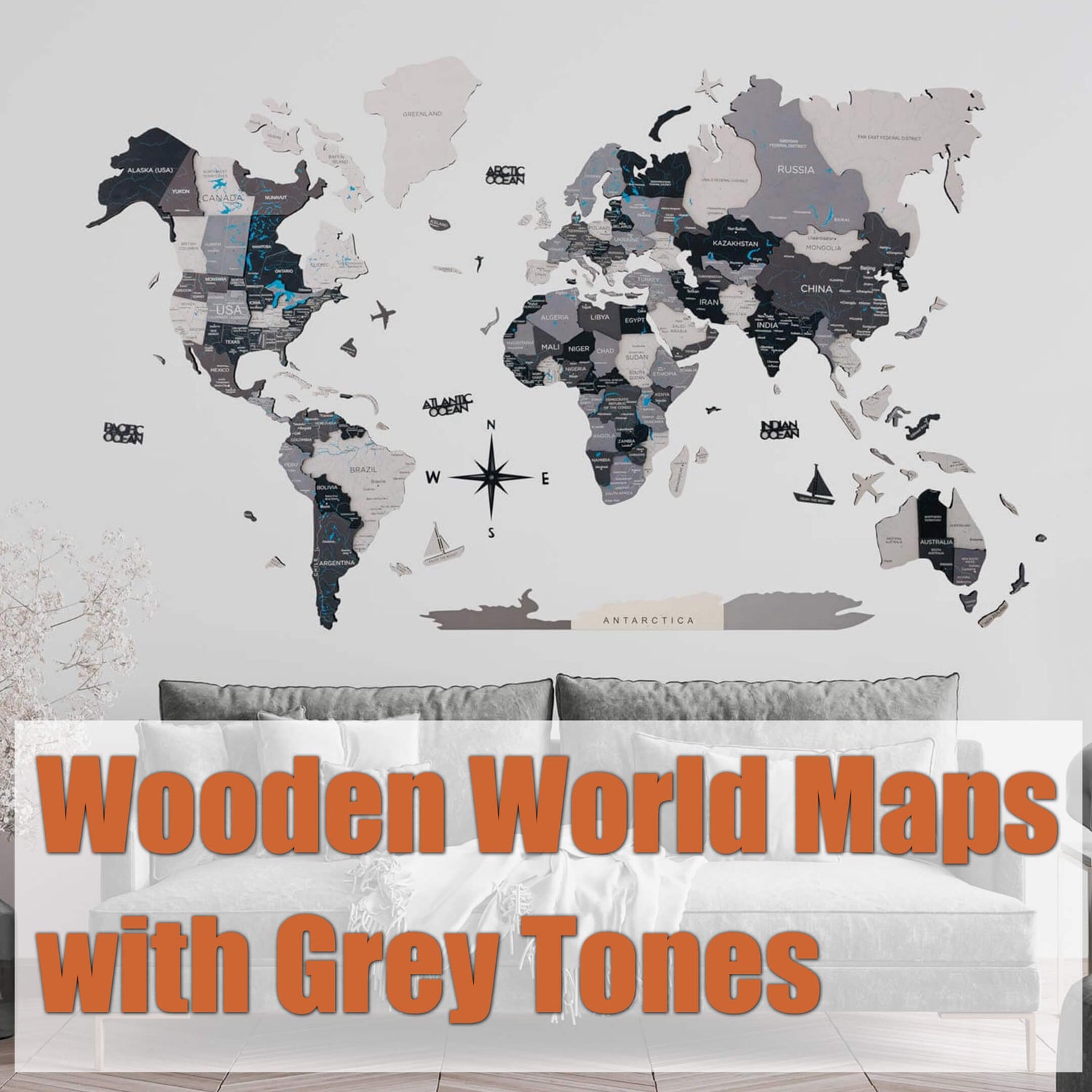 3D Wooden World Map with Grey Tones