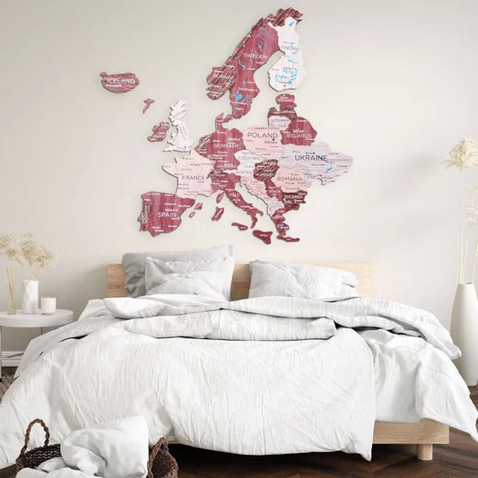 3D Wooden Map of Europe in Cappuccino in a Bedroom