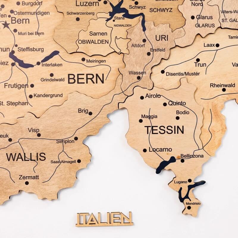 3D Wooden Map - Switzerland- Gold