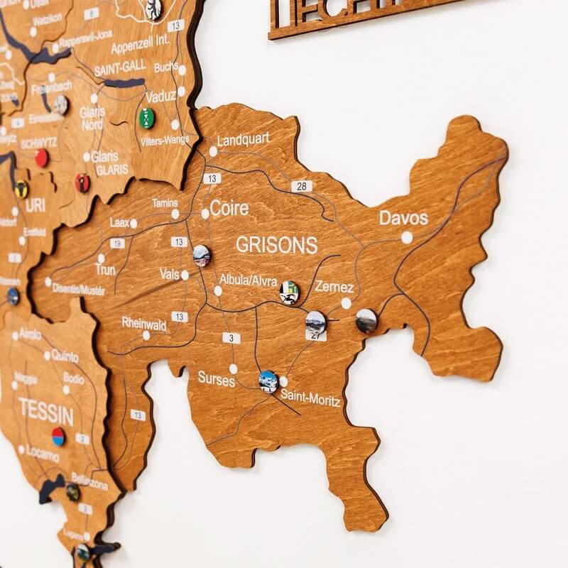 3D Wooden Map - Switzerland- Oak
