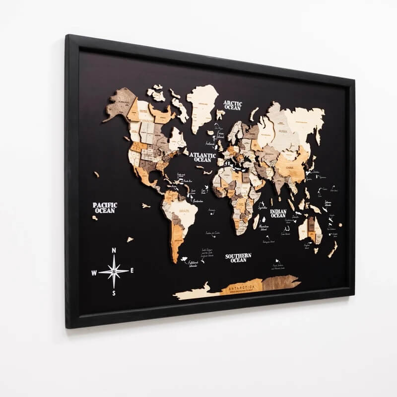 3D Wooden World Map - Framed