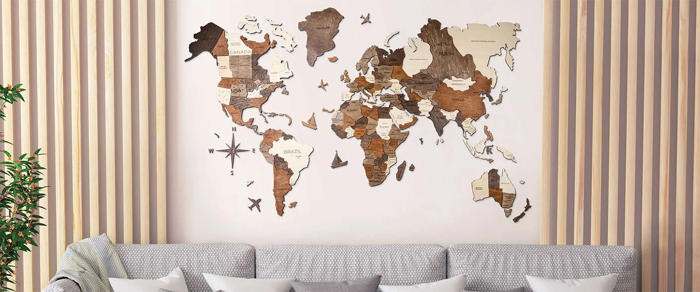 3D Wooden World Map in a Living Room Above a Couch