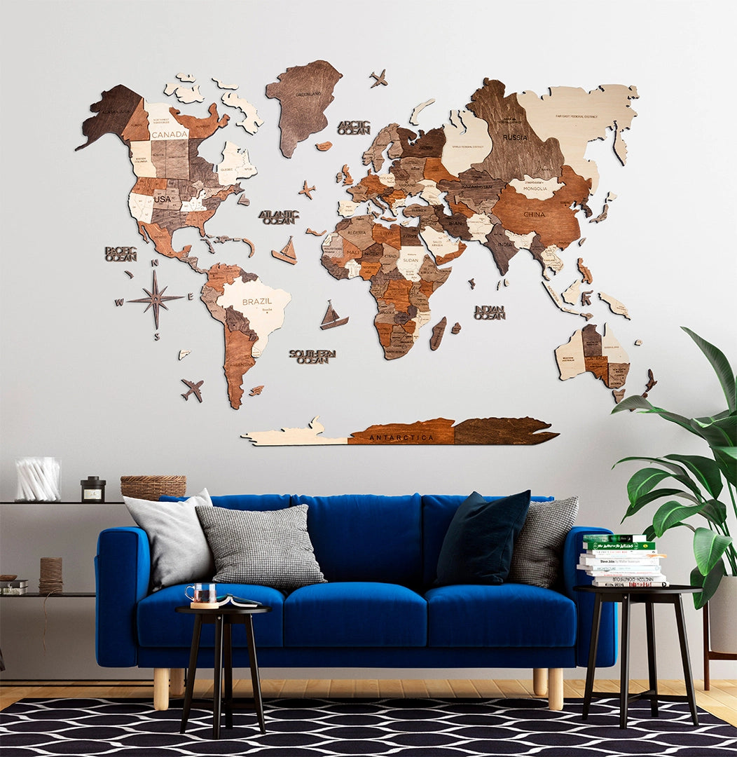 3D Wooden World Map Multicolor in a Living Room