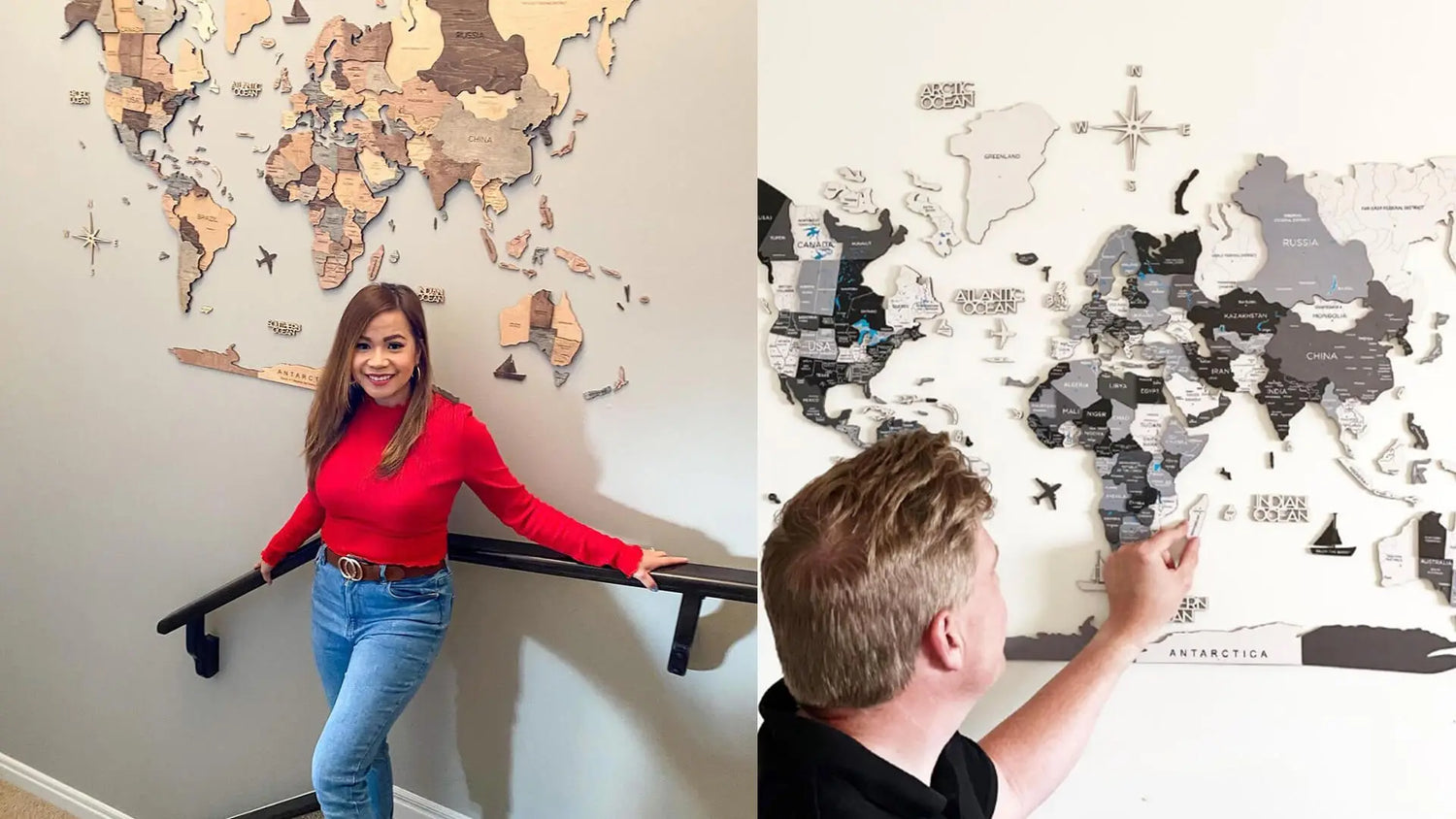 People with 3D Wooden World Map Wall Art