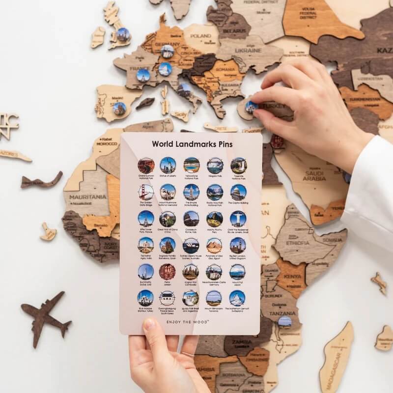 Landmark Pins on a Wooden World Map