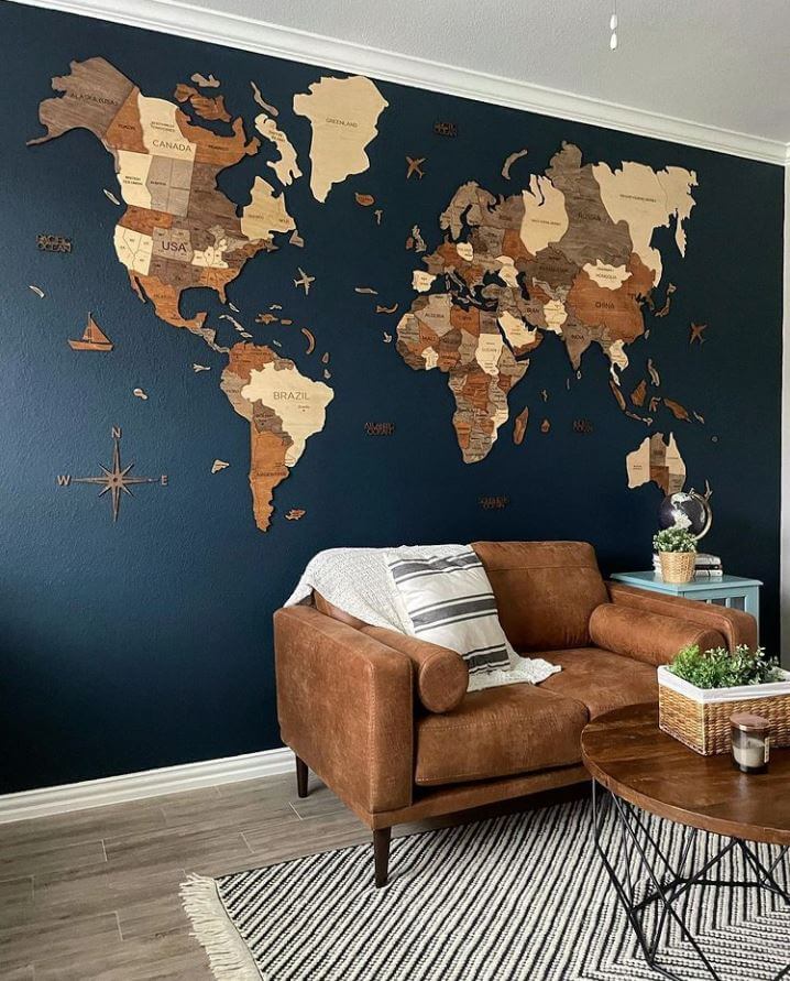 Wooden World Map in Living Rooms | Wood Map for Your Home