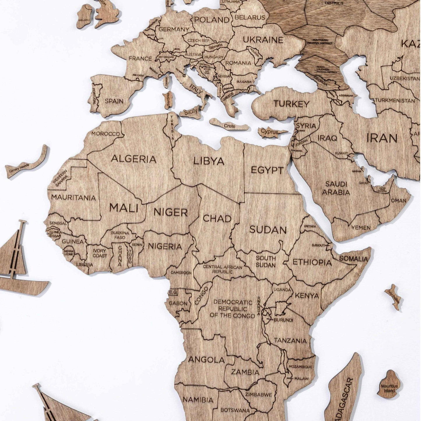 Wooden World Map Closeup