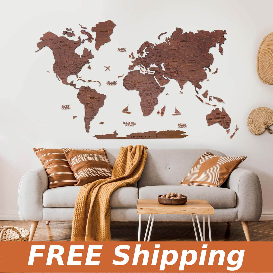 2D Wooden World Map | Wood Map for Your Home